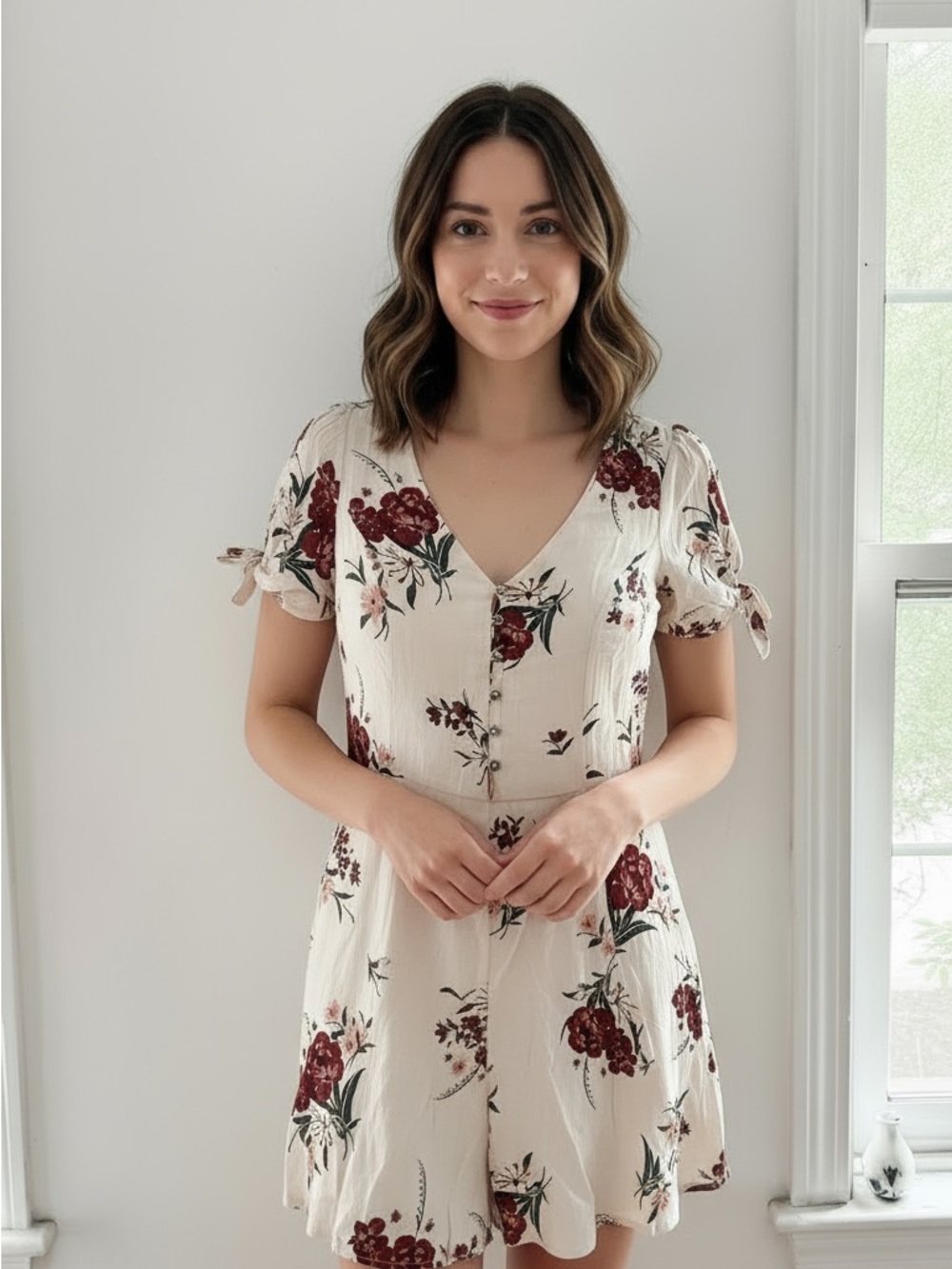 Astr Cream Mini Dress with Burgundy Floral Print